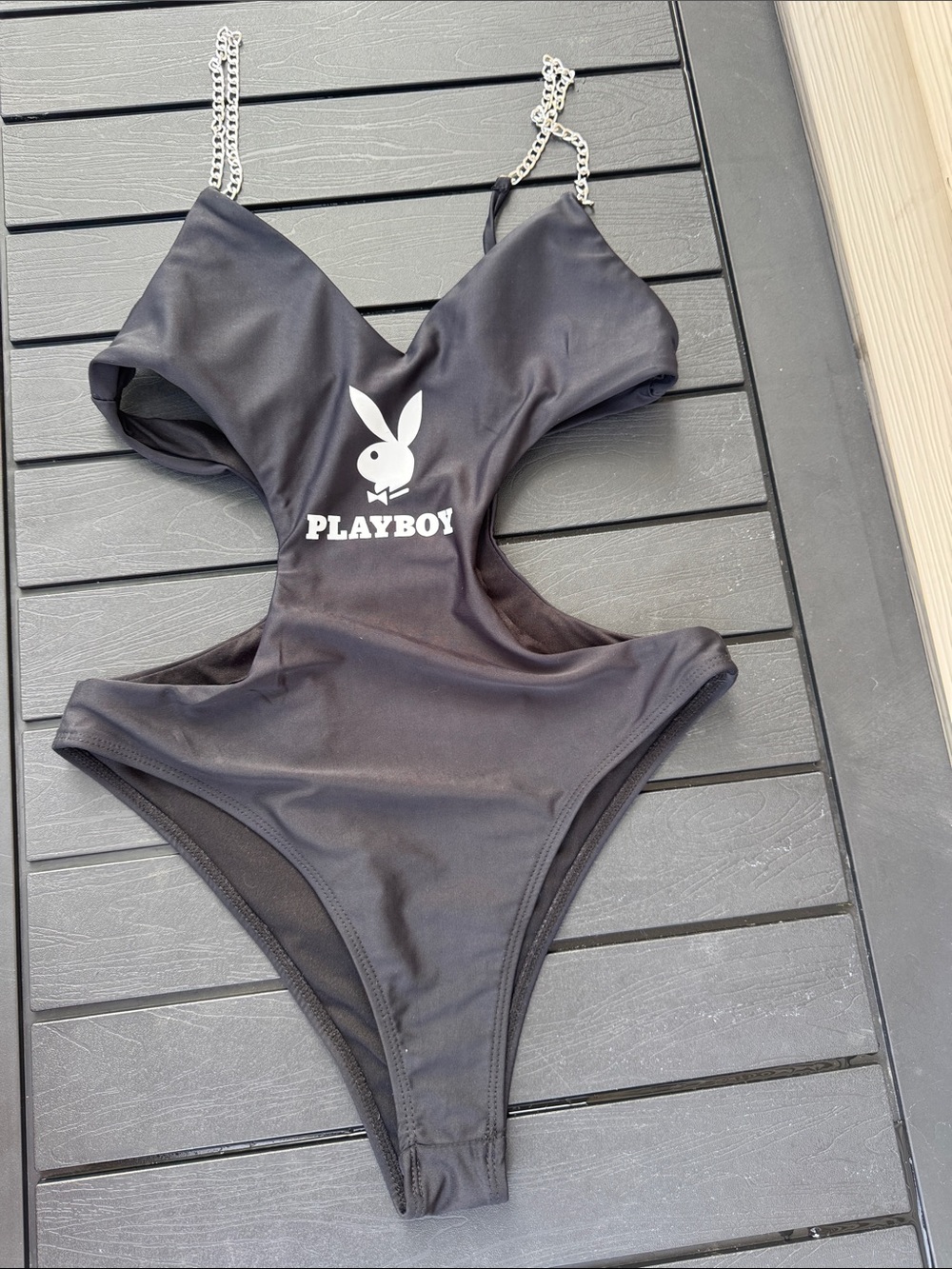 Playboy Black Cutout One-Piece Swimsuit with Chain Straps